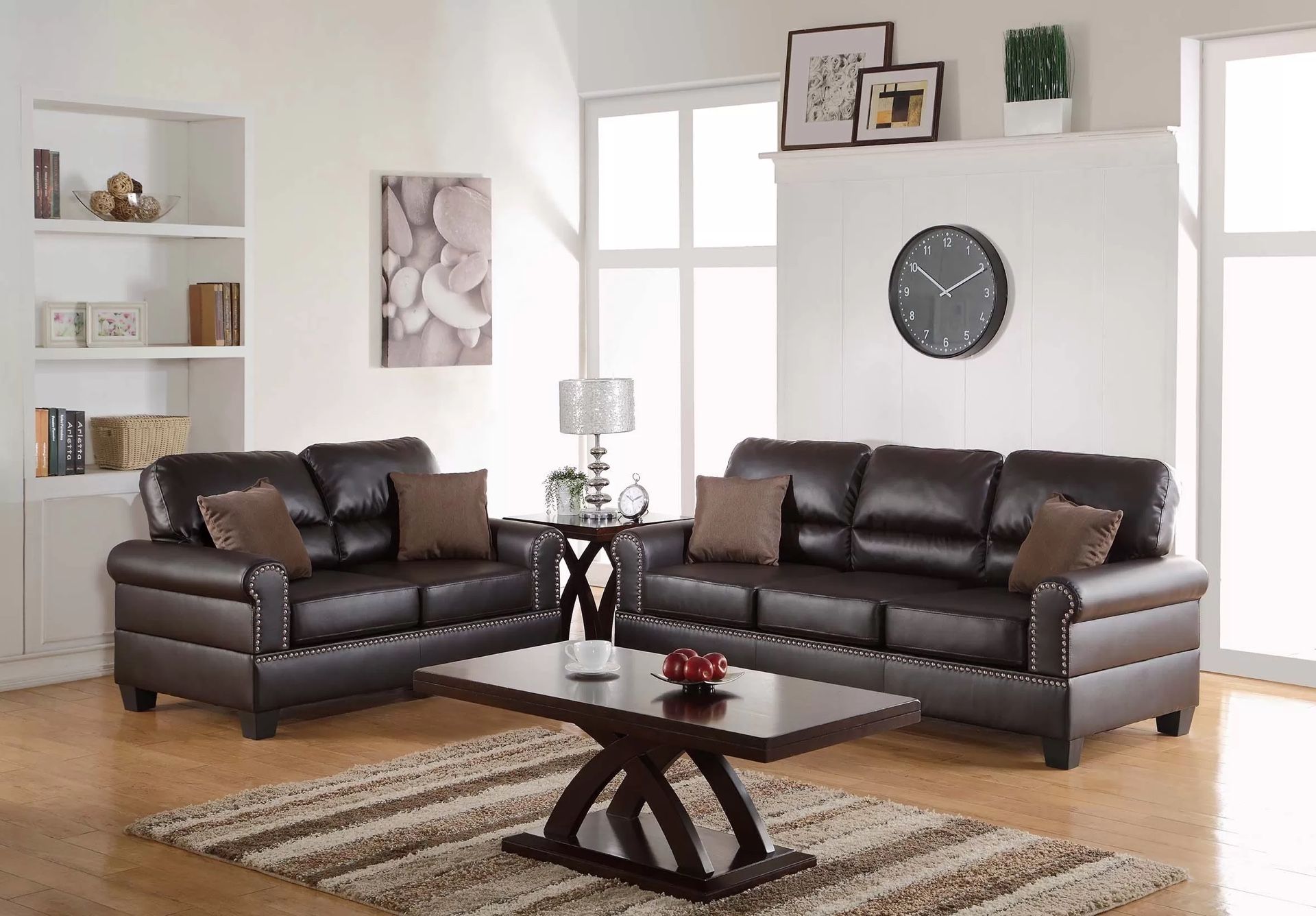 Espresso Faux Leather Sofa And Loveseat With Pillows 