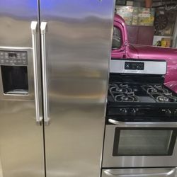 Stainless Steel G. E Fridge And Frigidaire stove Combo 