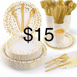 White and Gold Dot Paper Plates Set, 175 PCS Party Supplies, Disposable Dinnerware Set for 25 Guests, Gold Dot Paper Plates Napkins Cups Gold Plastic 