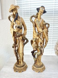 Asian Emperor and Empress Resin Statues, Antique Large Sculptures