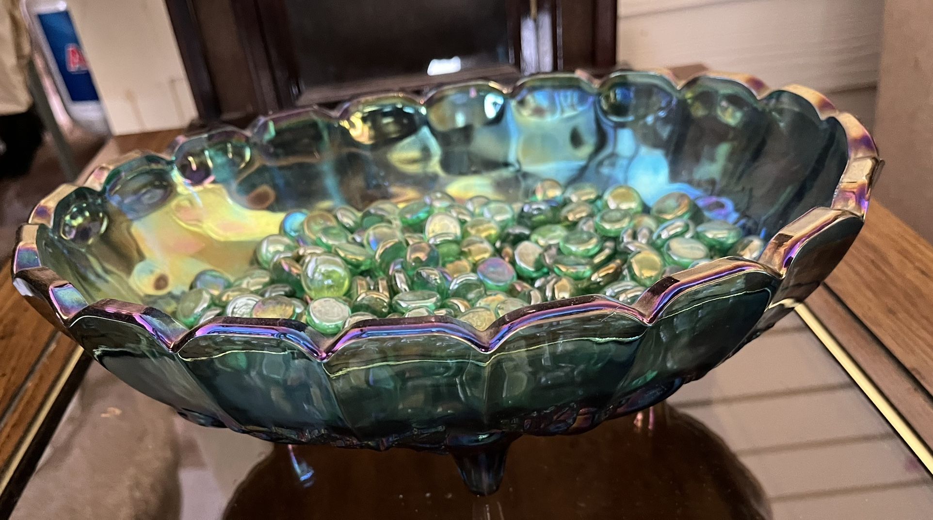 Vintage Blue Carnival Glass Oval Footed Bowl Filled With Matching Glass Cabochons