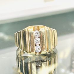 14k Yellow Gold & 3 Diamond Art Deco Stepped Mens Pinky Ring