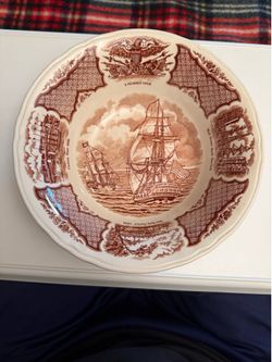 Vintage Alfred Meakin "Fair Winds" brown transferware soup/salad bowl, featuring historical scenes of American maritime history