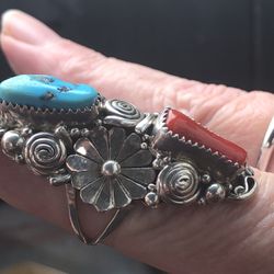 💕 Rare Verna Craig 925 Sterling Silver Navajo Coral And Turquoise Ring Size 8
