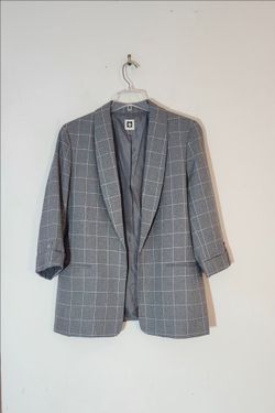 Anne Klein Size Open Front Shawl Collar, 3/4 Sleeve, Plaid Blazer Size:L Color:Gray/White