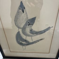 Vintage Mid Century Anna Tefft Siok Whimsical Birds Signed Framed Color Lithograph Art MCM
