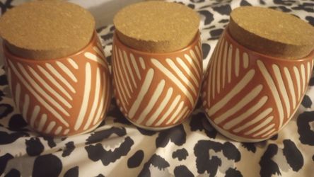 3 ceramic canister with cork lids 5 in tall new