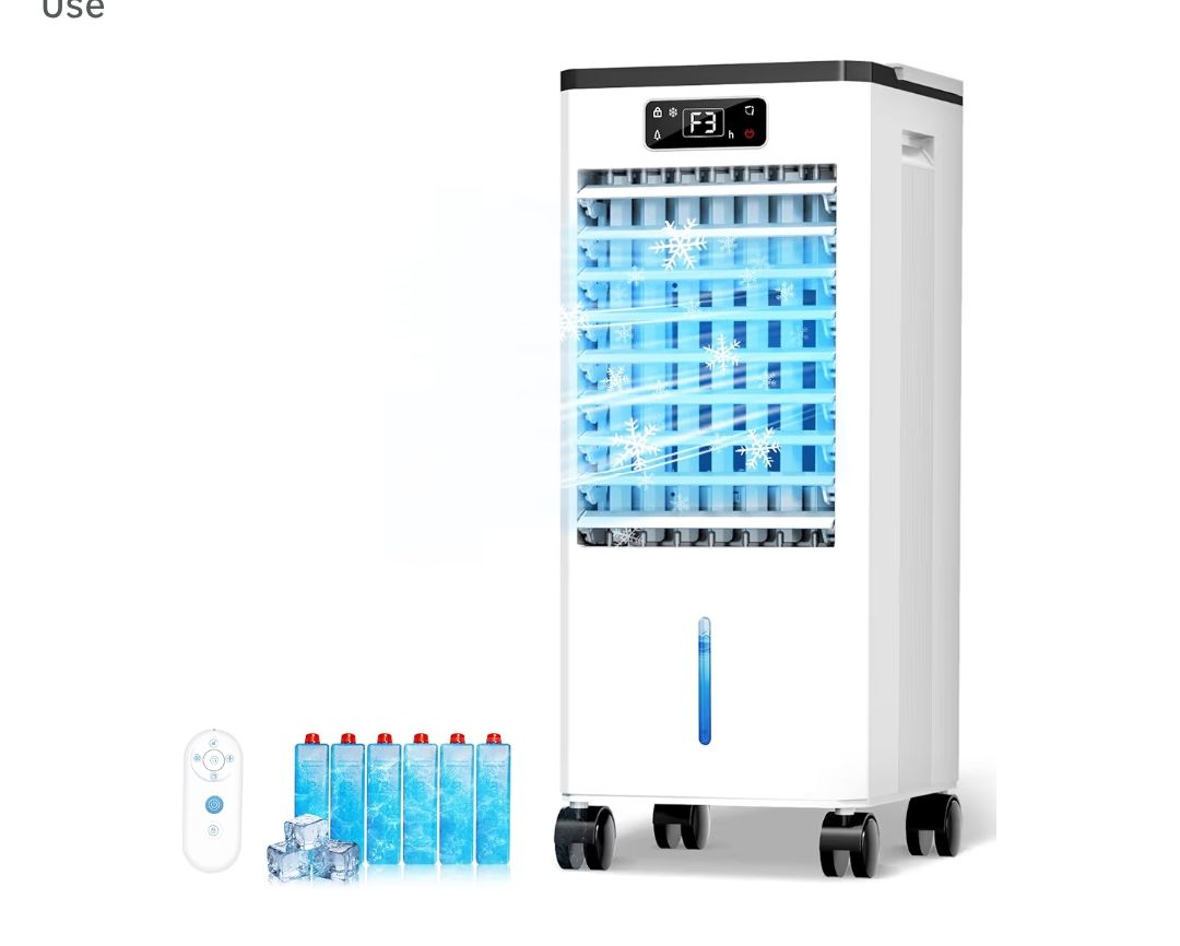 Evaporative Air Cooler, 3-IN-1 Portable Air Conditioners, Swamp Cooler, 3 Speeds & 4 Modes, 2-Gal Water Tank for Cooling, 16 FT/S Remote Control, Wind