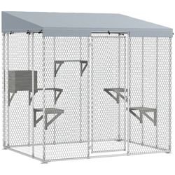 PawHut 79" Galvanized Steel Catio w/Waterproof Canopy, Sleeping Box, Jumping Platforms, Silver