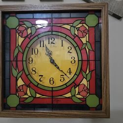 roses elgin stained glass wall clock wood frame floral mcm 14” decor Signed By Artist - 1970s