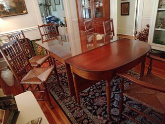 Leopold Stickley Dining Table Double Drop Leaf with 2 Convertible End To Side Tables & (6) Stickley Cane Rush Spindle Back Chairs
