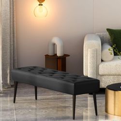 44" Black PU Leather Tufted Bench / Ottoman w/ Metal Legs  [NEW IN BOX] **Retails for $300