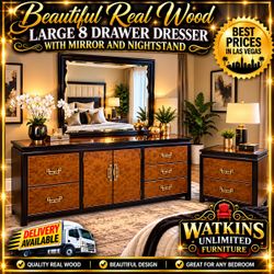 β¨ BEAUTIFUL REAL WOOD HEAVY DUTY BEDROOM SET β LARGE 8-DRAWER DRESSER, MIRROR & NIGHTSTAND β¨