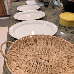 Serving Platters And Wicker Basket.