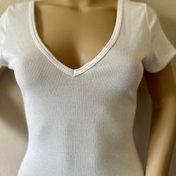 White Ribbed Knit T Shirt Fitted Dress Medium NWT 6