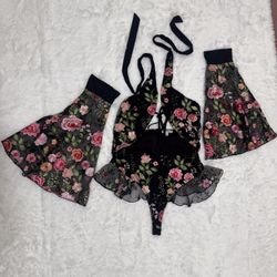 New xl black floral embroidered bodysuit arm sleeve boho festival dress top rave 