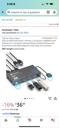 USB 3.0 HDMI KVM Switch 1 Monitor 2 Computers, 8K@60Hz KVM Switches for 2 Computers Sharing Monitor Keyboard Mouse Hard Drives Printer,with EDID Adapt