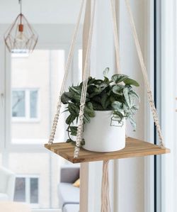 Boho Macrame Plant Hanger Shelf with Wooden Tray for Indoor or Balcony Decor
