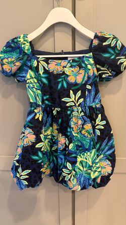Lilly Pulitzer Girls Size 4 Blue Tropical Floral Puff Sleeve Bubble Dress