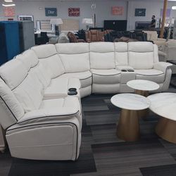 All white double stitched breathable leather sectional available grey black storage cup holder's double stitched memory phone setting