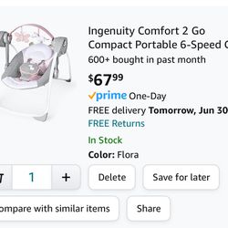 Ingenuity Comfort 2 Go Compact Portable 6-Speed Cushioned Baby Swing with Music, Folds Easy, 0-9 Months 6-20 lbs (Pink Flora the Unicorn)