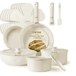Carote 16 Pcs Nonstick Cookware Set, Pots and Pans Set with Detachable Handles (White Granite)