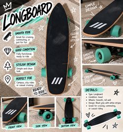 Longboard with Teal Wheels