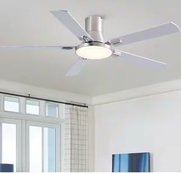 YUHAO Thalion 52 in. Indoor/Outdoor Brushed Nickel Integrated LED Flush Mount Ceiling Fan with Remote and Dual-Finish Blades