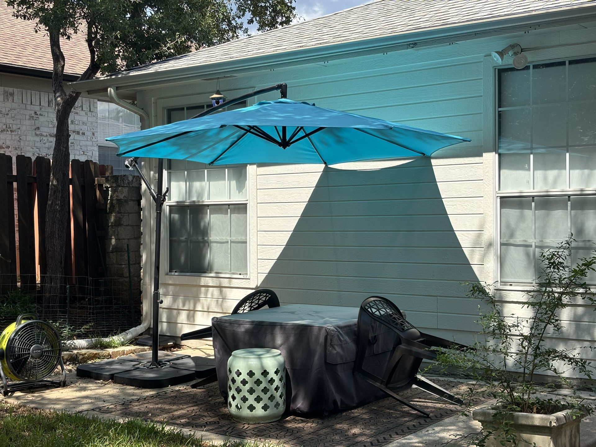 Aqua Offset Patio Umbrella + base, At Home Brand