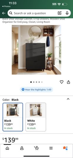 Black Shoe Storage Cabinet, 3 Flip Drawers, Wooden Shoe Organizer for Entryway, Closet, Living Room