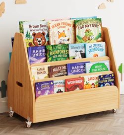 SpaceAid Double-Sided Mobile Bookshelf, Montessori Bookcase for Toddlers, Wooden Book Storage Organizer Shelf Furniture for Kids Rooms