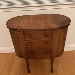 C1930 Martha Washington Wood Sewing Cabinet w/ 3 Drawers & Side Pockets + Accessories