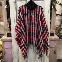 Red, Black, & White Knit Turtleneck Poncho