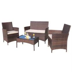 4-Pieces Wicker Outdoor Patio Furniture Sets Rattan Chair Wicker Set with Beige Cushion 