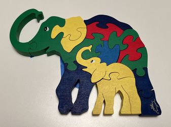 ONE OF A KIND - ARTIST SIGNED - Wooden Elephant Puzzle (Mother and Baby Elephants)