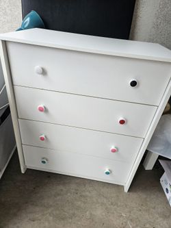 5-Drawer Dressers (White, Colorful Knobs) — $30 each or both for $50