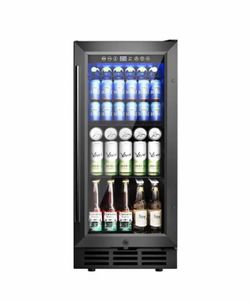 15 in. Single Zone 130-Cans Freestanding/Built-in Beverage and Wine Cooler in Black with Child Lock, Interior Light