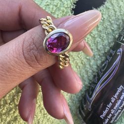 Magenta Gem Chain-Link Ring in Gold-Plated Sterling Silver