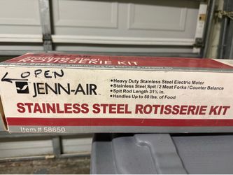 stainless steel rotisserie kit with a 31½-inch spit rod, two meat forks, and counterbalance,