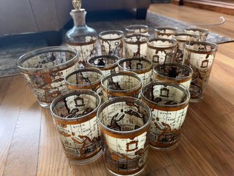 Vintage Cera Old World Map 22K Gold Barware Collection – Decanter, Ice Bucket & Glasses, 18 piece