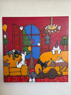 Original painting on canvas for cats and dogs lovers. Ready to hang. Signed. Coral Gables. 12”x 12”