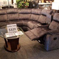 Brand New 128" x 128" Blue Gray Linen Manual Reclining Corner Sectional With Cup Holder