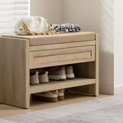 New assembled Rattan Shoe Bench Entryway Bench with Storage Drawer and Linen Seat Cushion, Farmhouse Boho Shoe Rack Bench with Shelf, Wooden Storage B