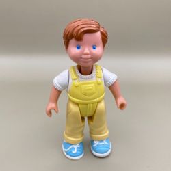 Vintage Fisher Price Loving Family Dream Dollhouse Brunette Boy Doll Figure in Yellow Overalls HTF  