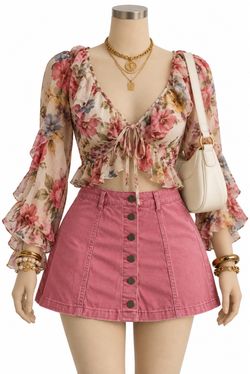 Floral Chiffon Crop Top and Denim Mini Skirt Set