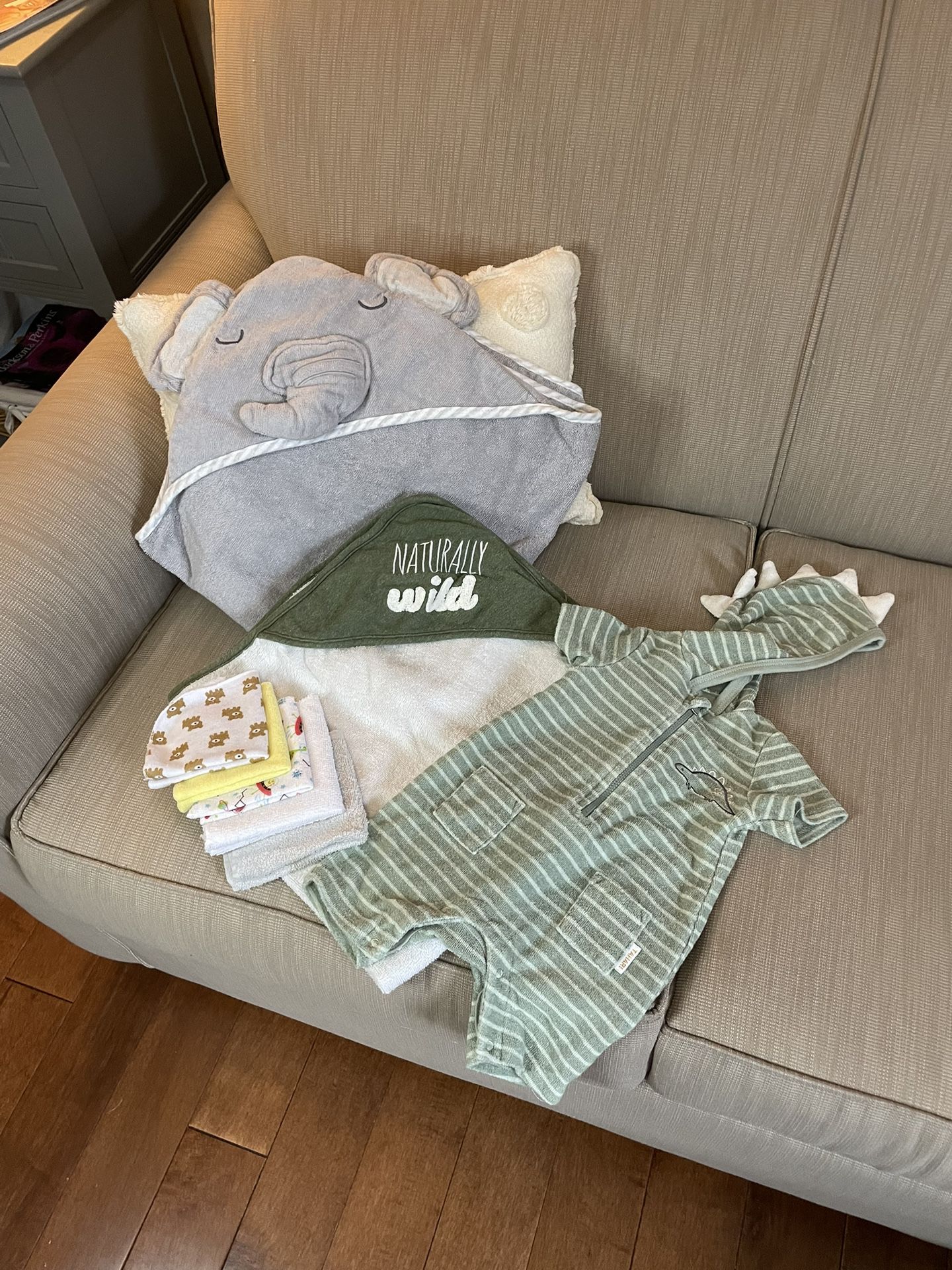 Baby items, towels, wash clothes, outfit
