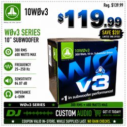 JL Audio W0v3 Series Bass Speaker 10" Subwoofer 10W0v3 600 Watts 🚨 Payment Options Available 🚨 No Credit Needed 🚨