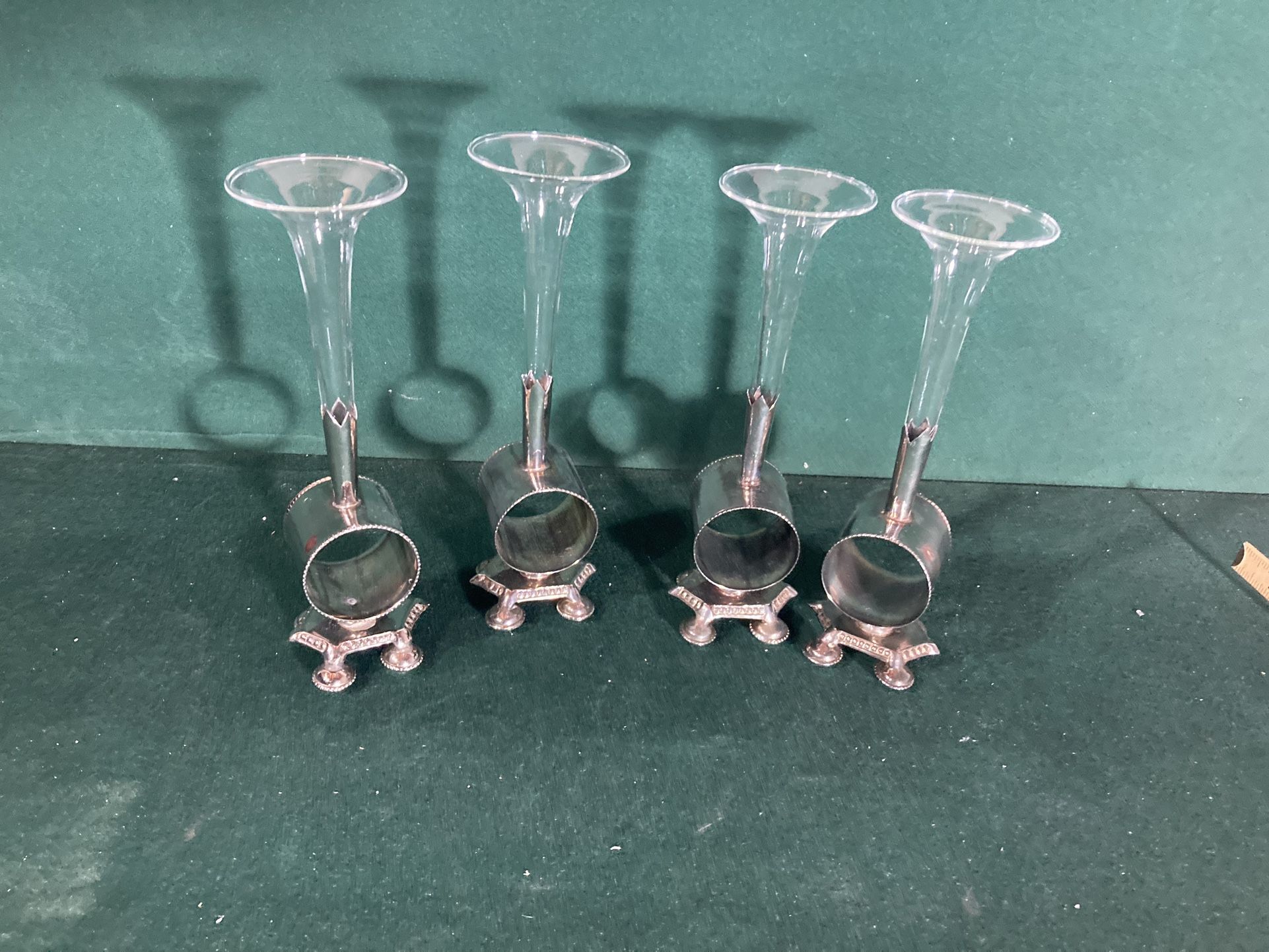 Set Of 4 Vintage Silver Plate Footed Napkin Ring With Bud Vase On Top