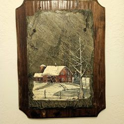 New England Folk Art Painting On Slate Mounted On A solid Wood Plaque