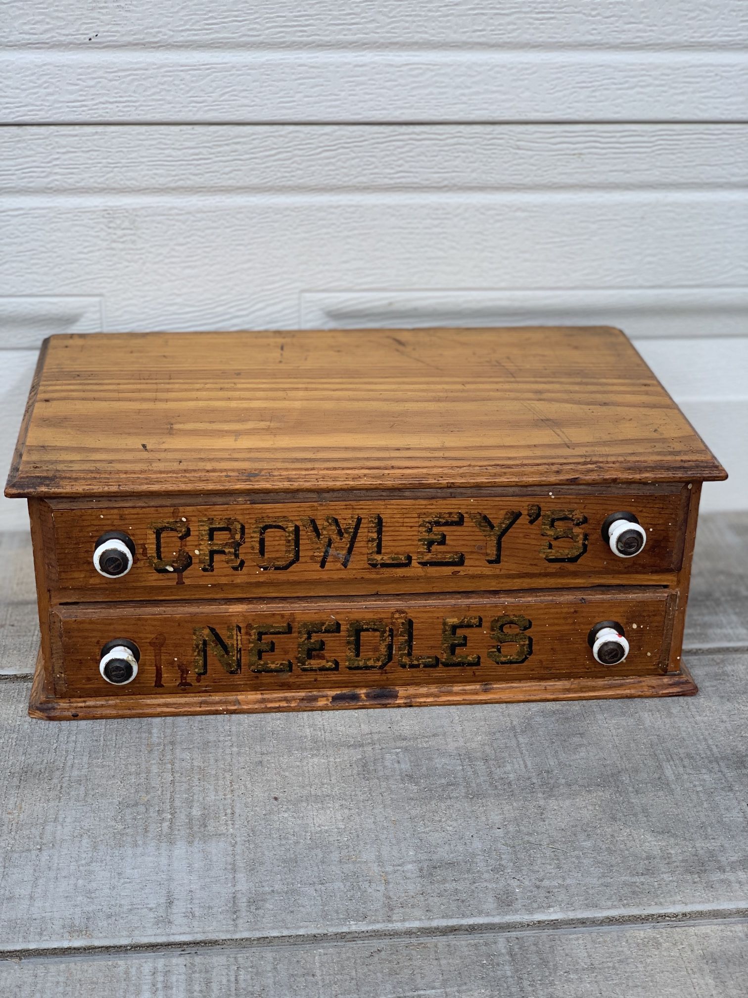 Antique Rare Two Drawer Crowley's Needles Display Case Wooden Sewing Cabinet Box